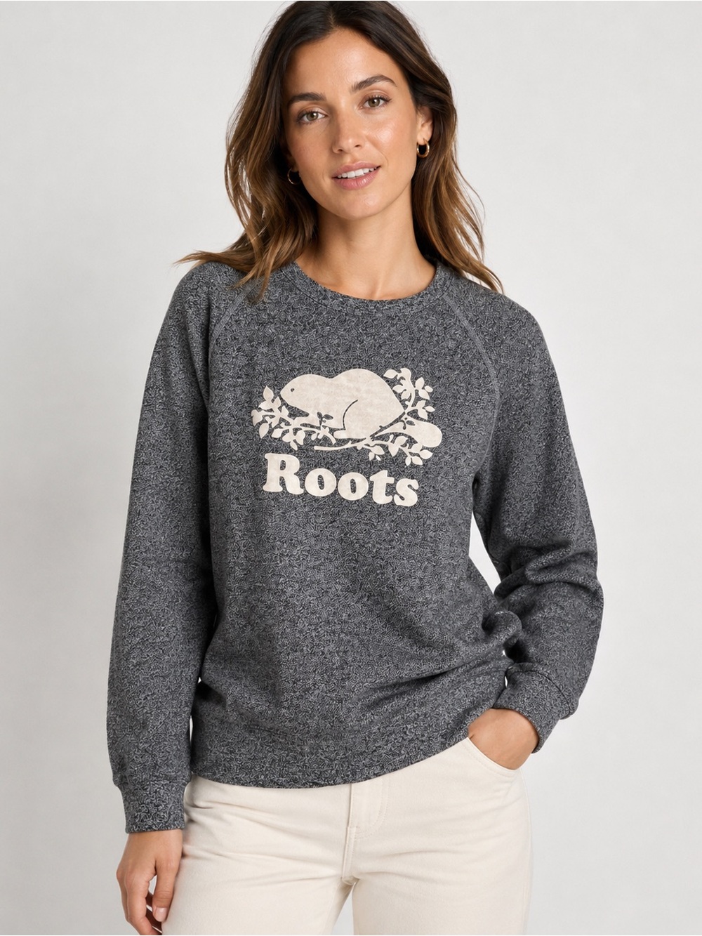 Roots Canada Athletics Classic Sweatshirt Marled Grey Beaver Logo size Small